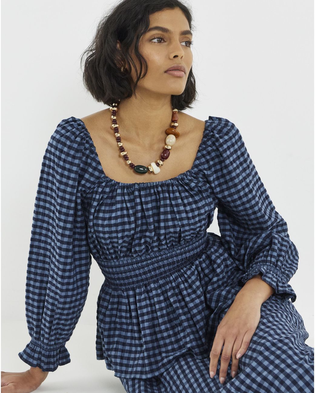 Simply Be Blue Gingham Shirred Waist Blouse
