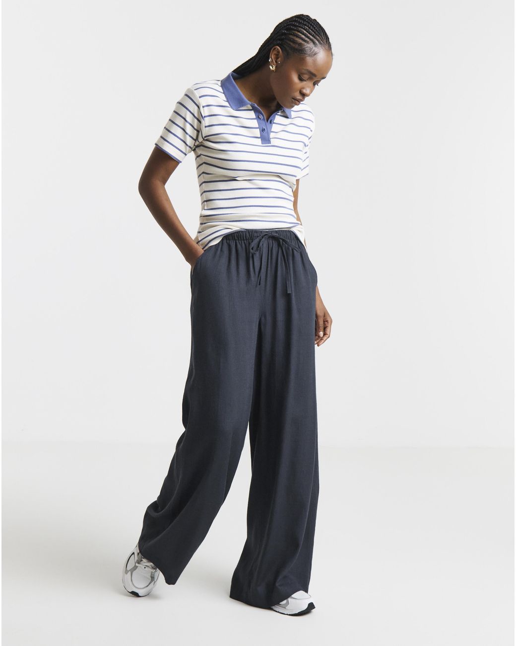Simply Be Blue Tie Waist Wide Leg Linen Mix Trousers