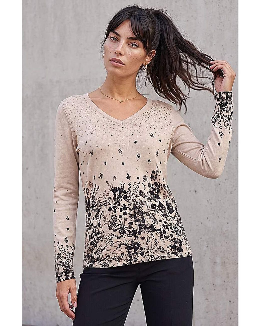 Roman Gray Roman Sparkly Floral V-Neck Knit Jumper
