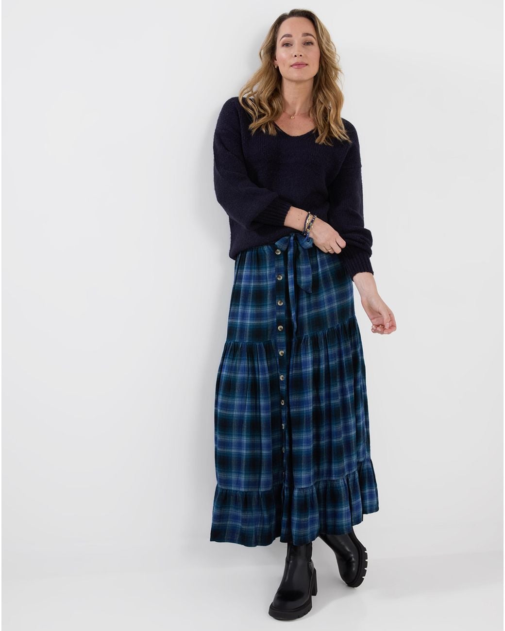 Joe Browns Blue Button Down Plaid Maxi Skirt
