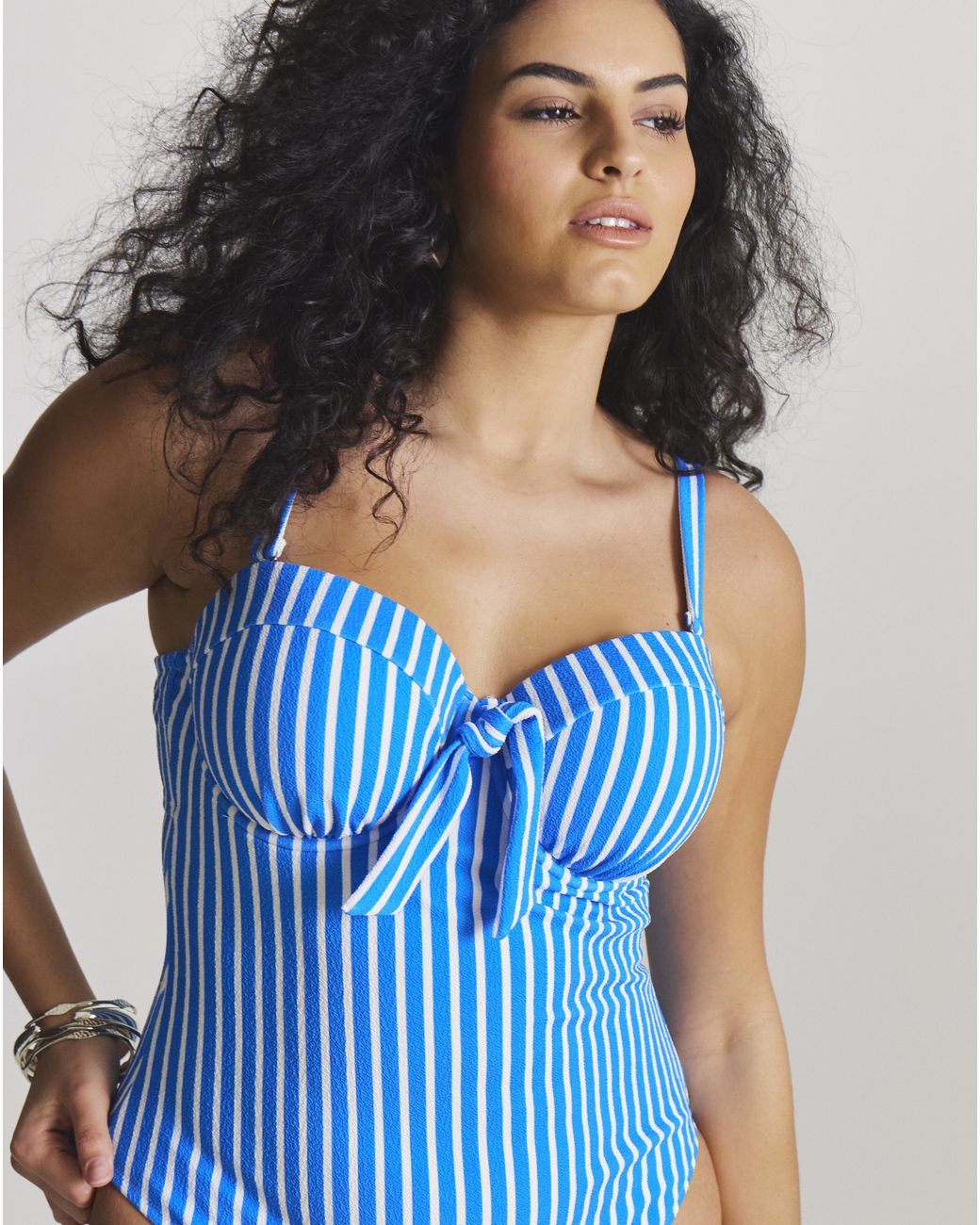 Figleaves Blue Bandeau Underwired Stripe Swimsuit