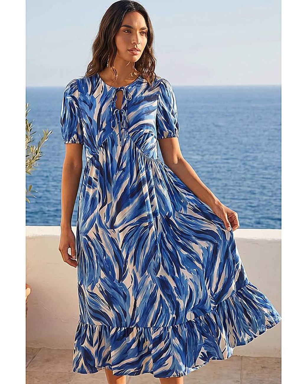 Roman Blue Roman Abstract Print Tie Smock Dress