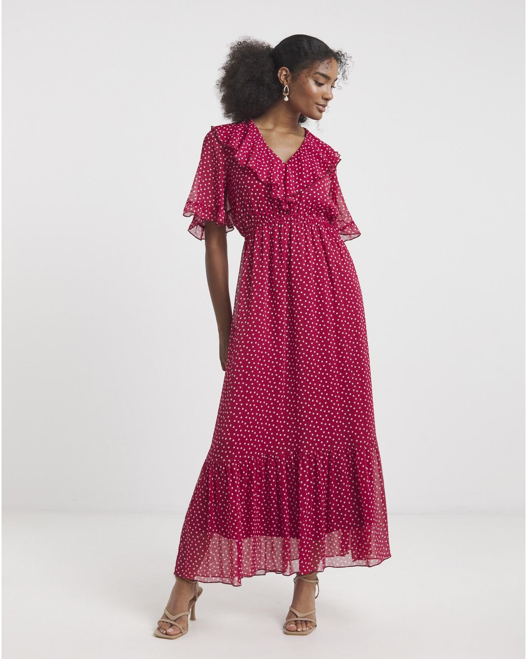 Flounce London Red Spot Frill Maxi Dress