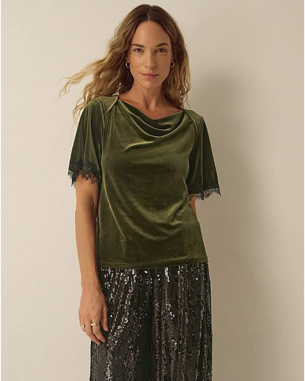 Monsoon Green Vina Lace Trim Velvet Top