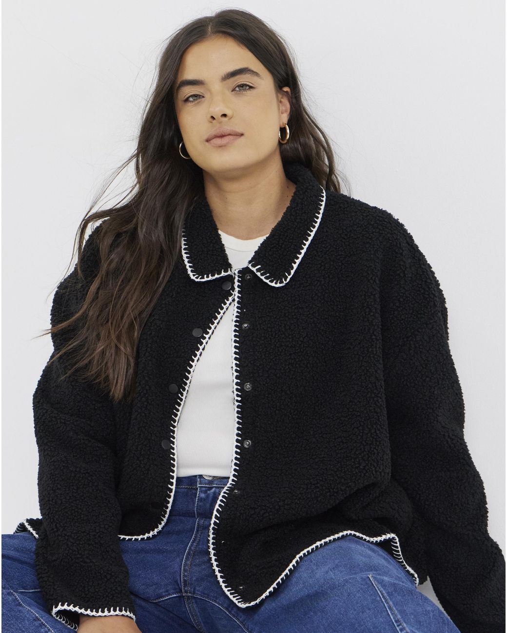 Simply Be Black Whipstitch Teddy Button Through
