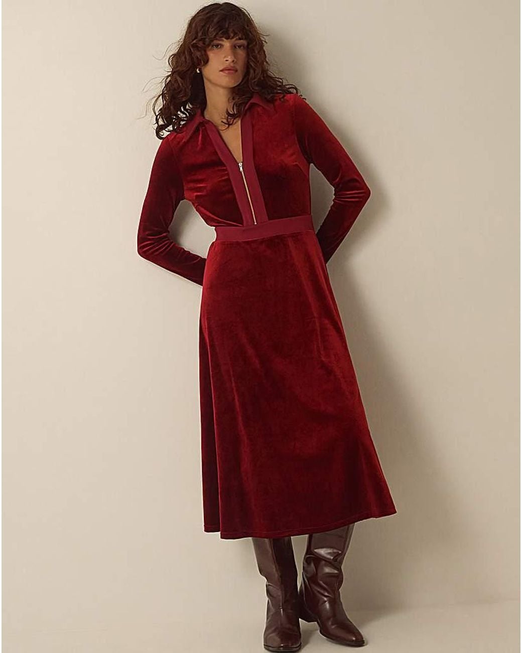 Monsoon Red Zeyna Zip Velvet Midi Dress