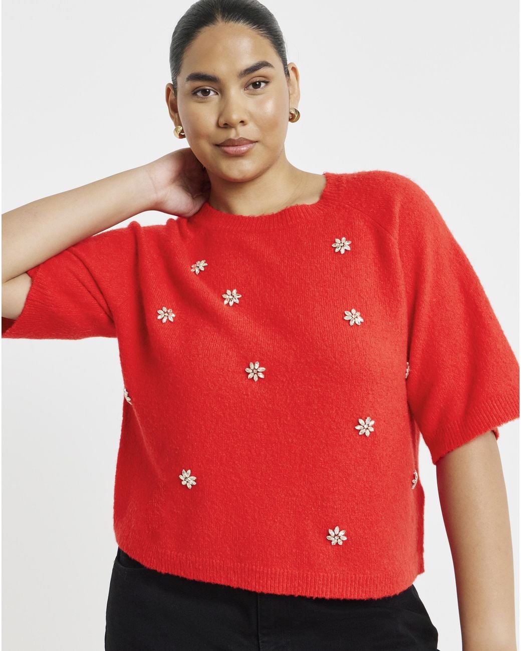 Simply Be Red Diamante Embellished Half Sleeve Jumper