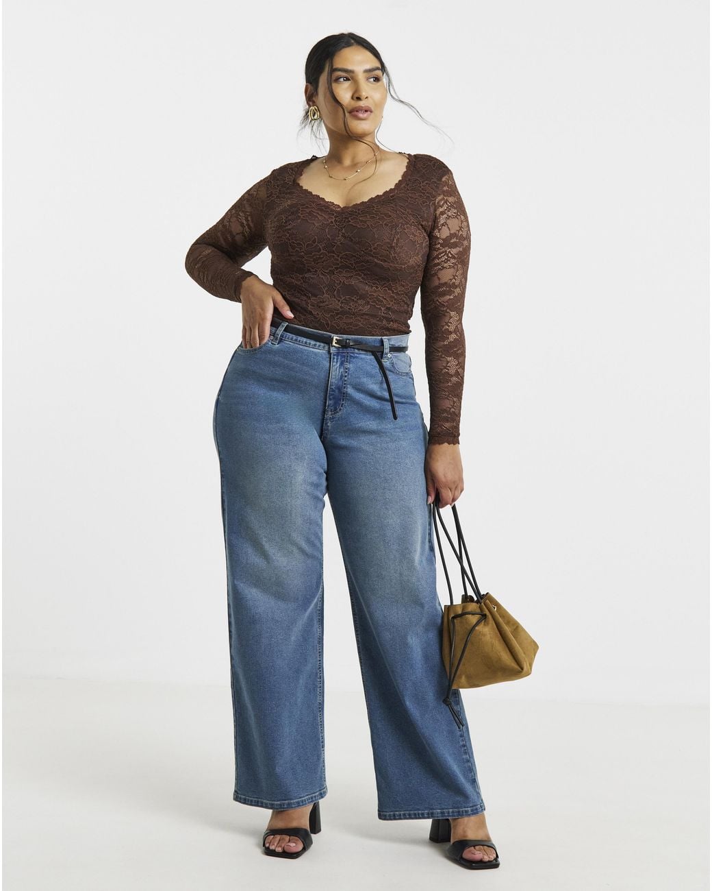 Simply Be Brown Lace Sweetheart Neckline Ls Top