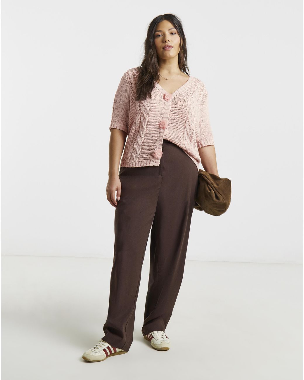 Simply Be Pink Floral Button Cable Cardigan
