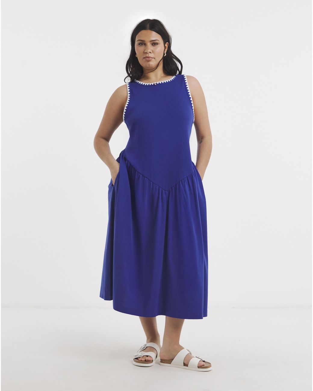 Simply Be Blue Jersey Mix Midi Dress With Whipstitch