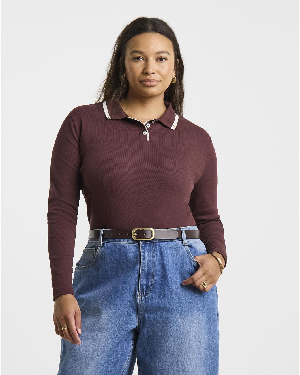 Simply Be Red Ls Rib Polo Neck With Contrast