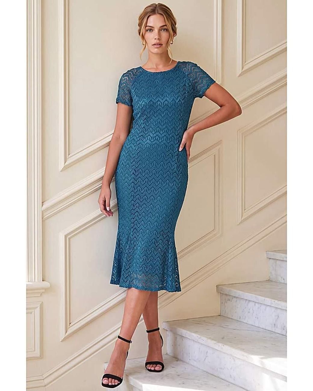 Roman Blue Roman Sparkle Lace Flute Hem Dress