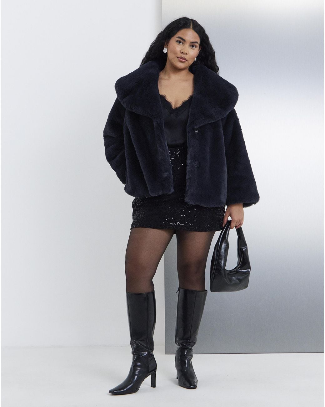 Simply Be Blue Shawl Collar Plush Faux Fur Coat