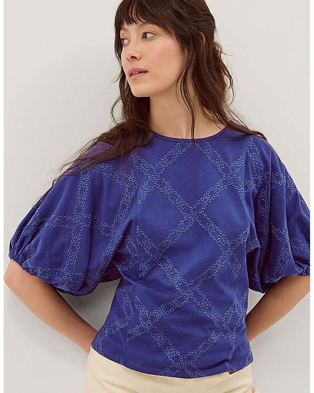 Monsoon Blue Ellie Puff Sleeve Jersey Top