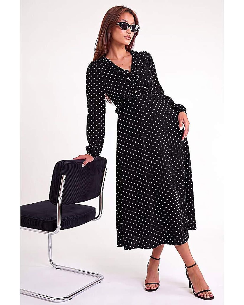 Roman Black Roman Polka Dot Frill Midi Dress