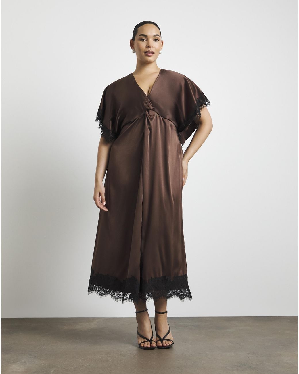 Joanna Hope Black Satin Lace Trim Midi Dress