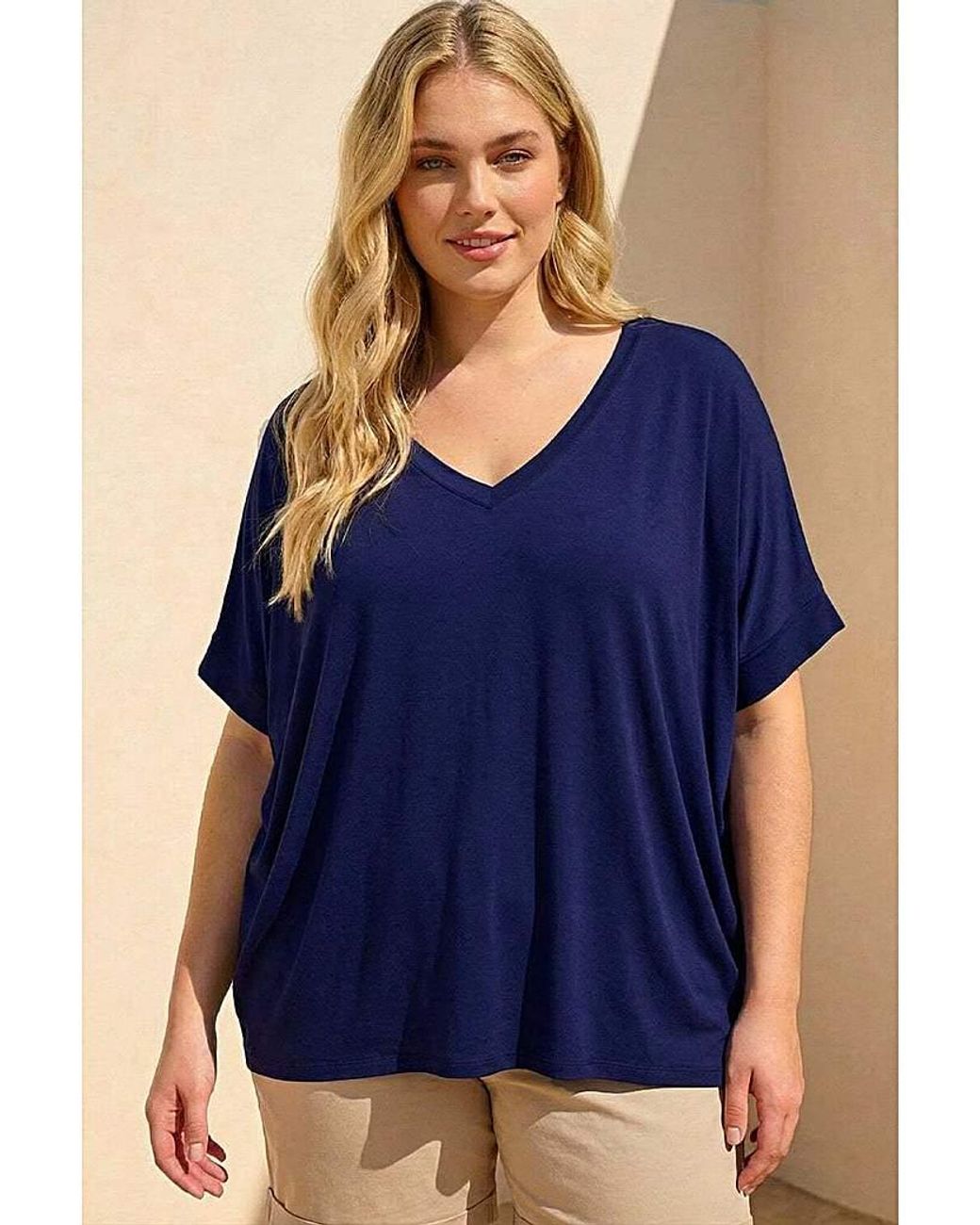 Roman Curve Blue V-Neck Stretch Top
