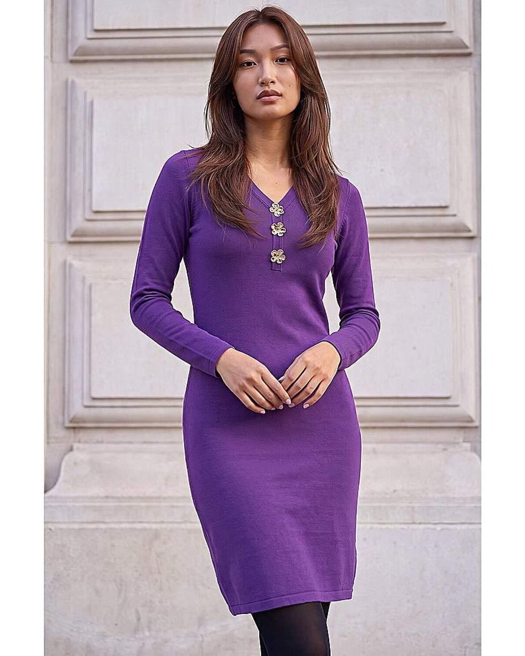 Roman Purple Roman Floral Button Knitted Dress