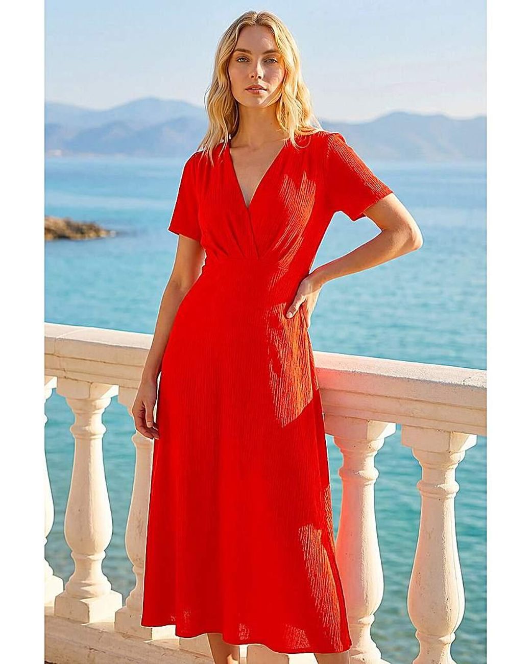 Roman Roman Textured Wrap Bodice Midi Dress