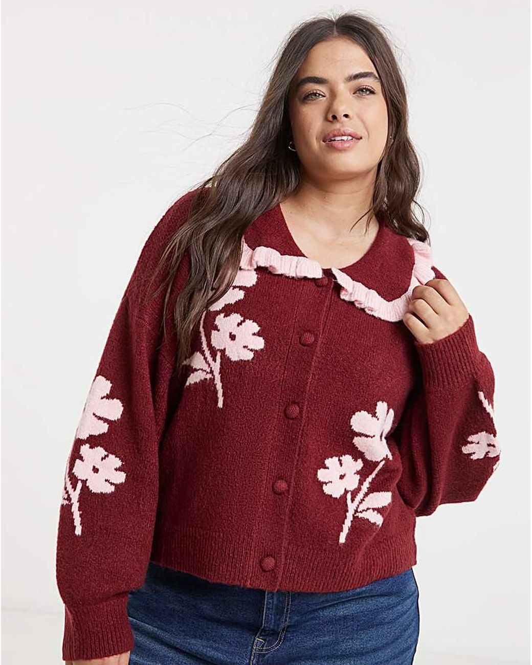 Neon Rose Red Scallop Collar Flower Cardigan
