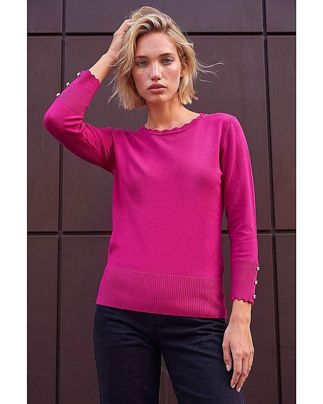Roman Pink Roman Sparkly Button Scallop Edge Jumper