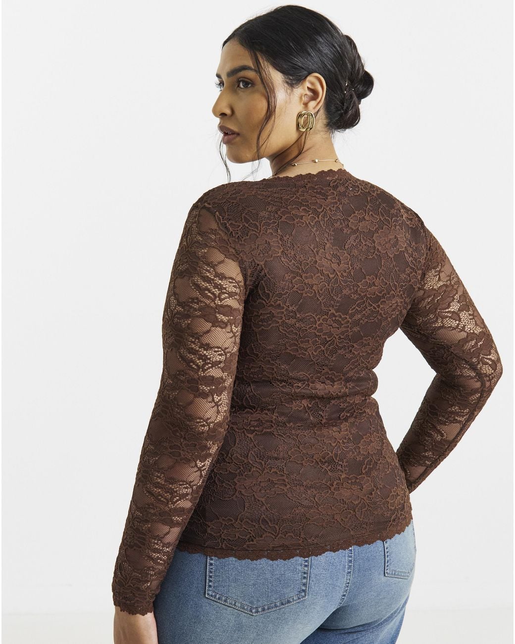 Simply Be Brown Lace Sweetheart Neckline Ls Top