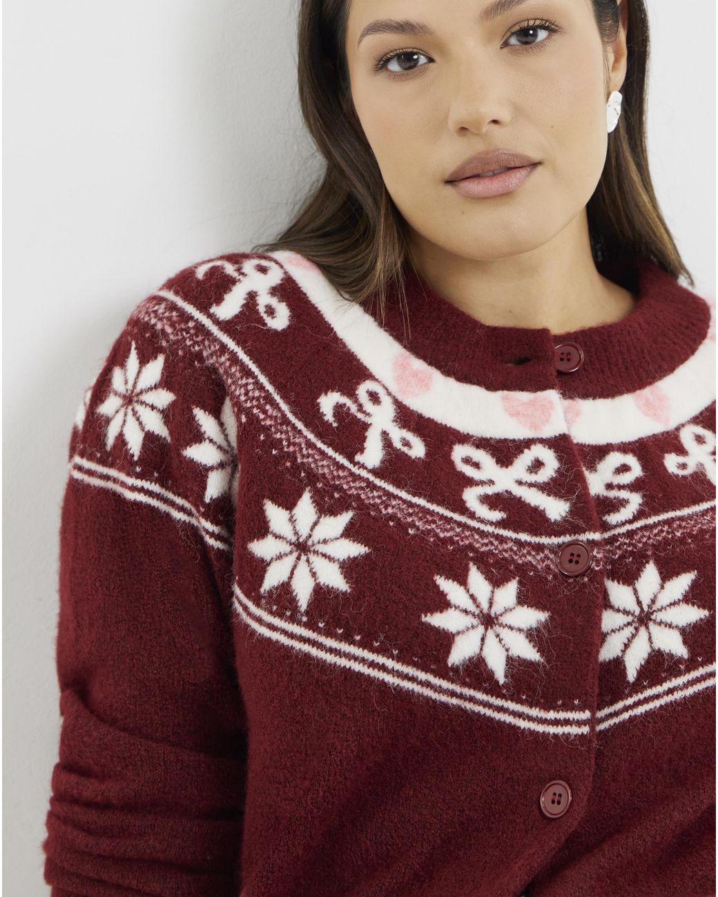 Simply Be Red Fair Isle Crew Neck Cardigan