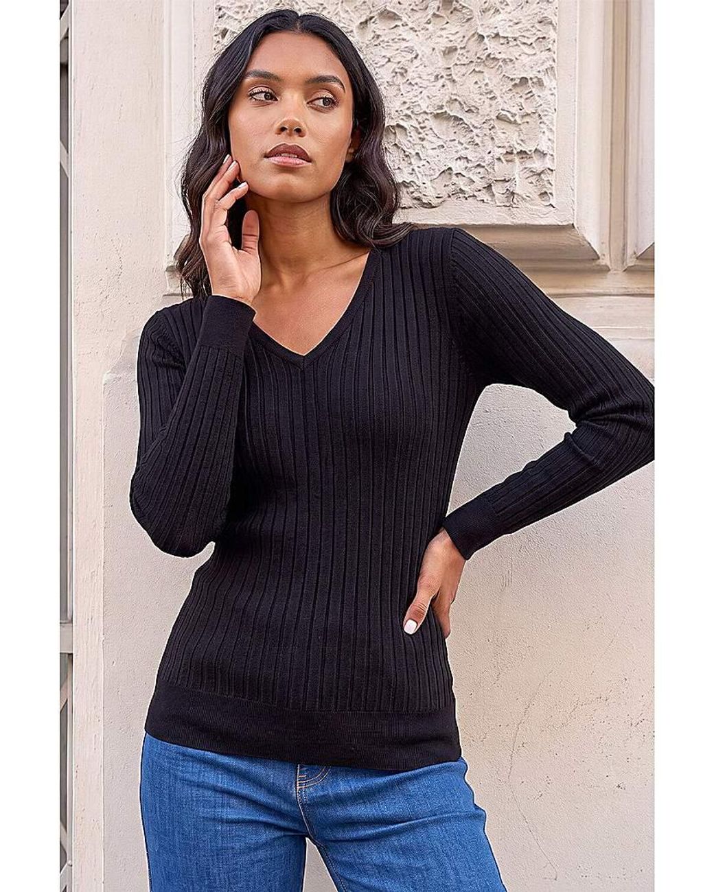 Roman Black Roman V-Neck Ribbed Knit Jumper
