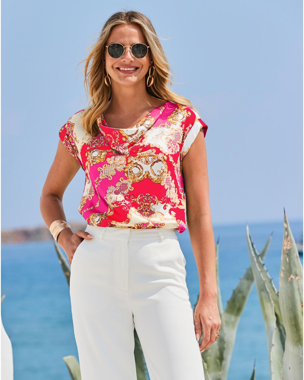 Sosandar Red Baroque Cowl Satin Top