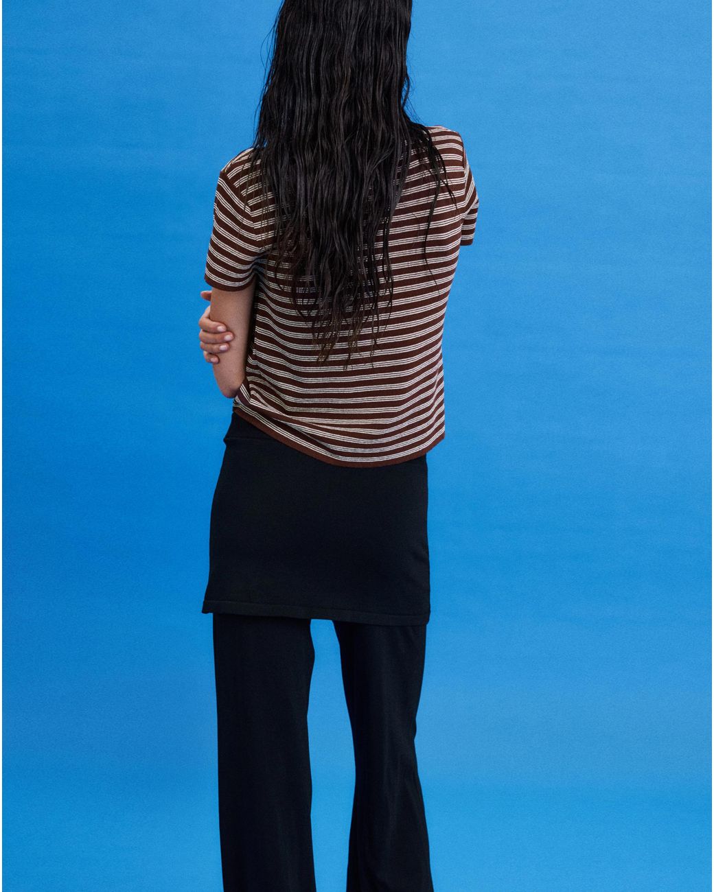 Mango Blue Short-Sleeved Ribbed Sweater