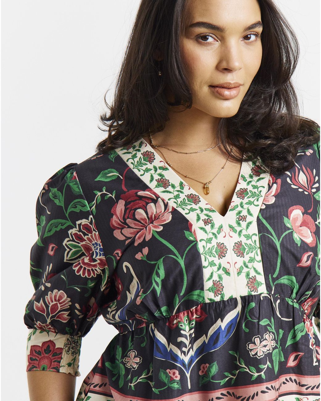 Simply Be Multicolor Border Print Puff Sleeve Top