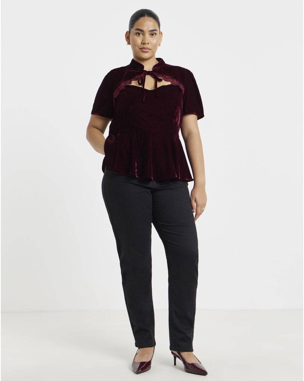 Simply Be Brown Velvet Lace Trim Top