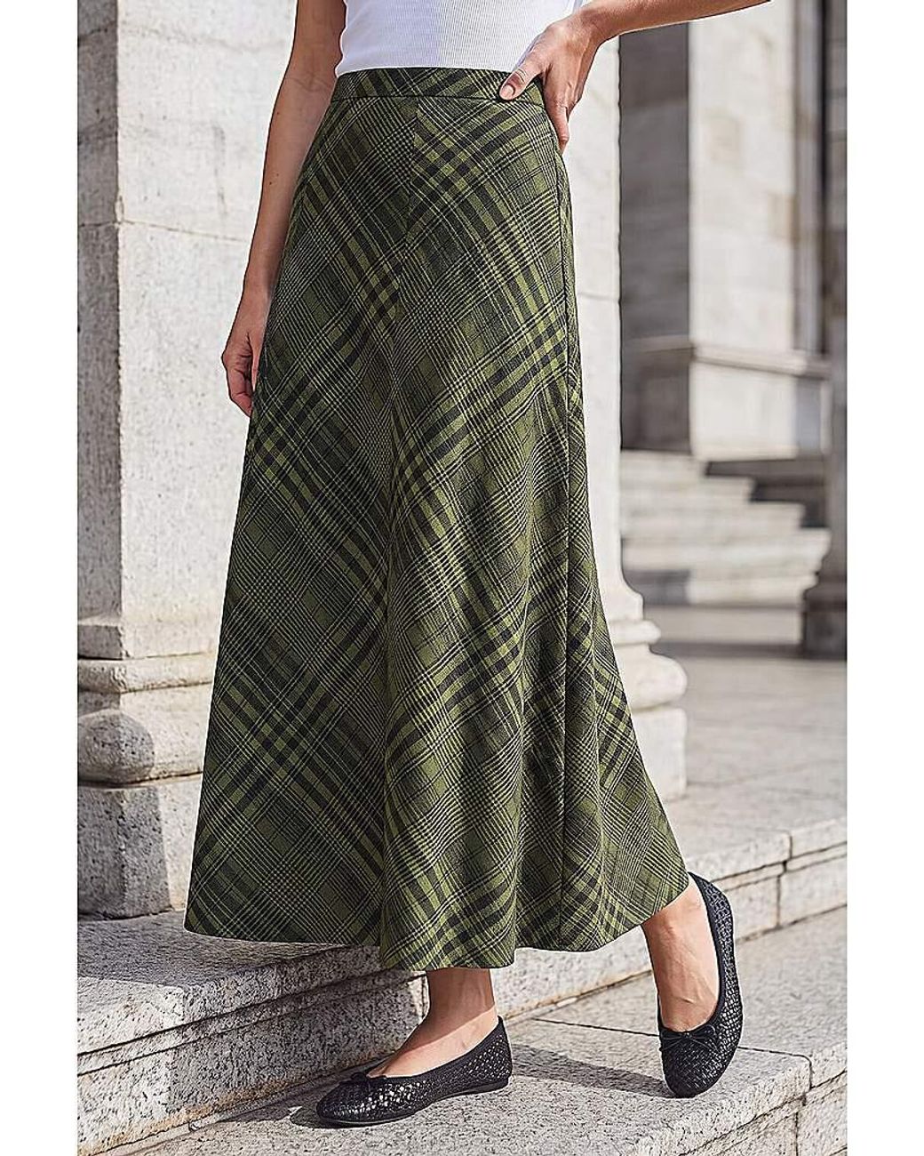Roman Green Roman Print Check Midi Skirt