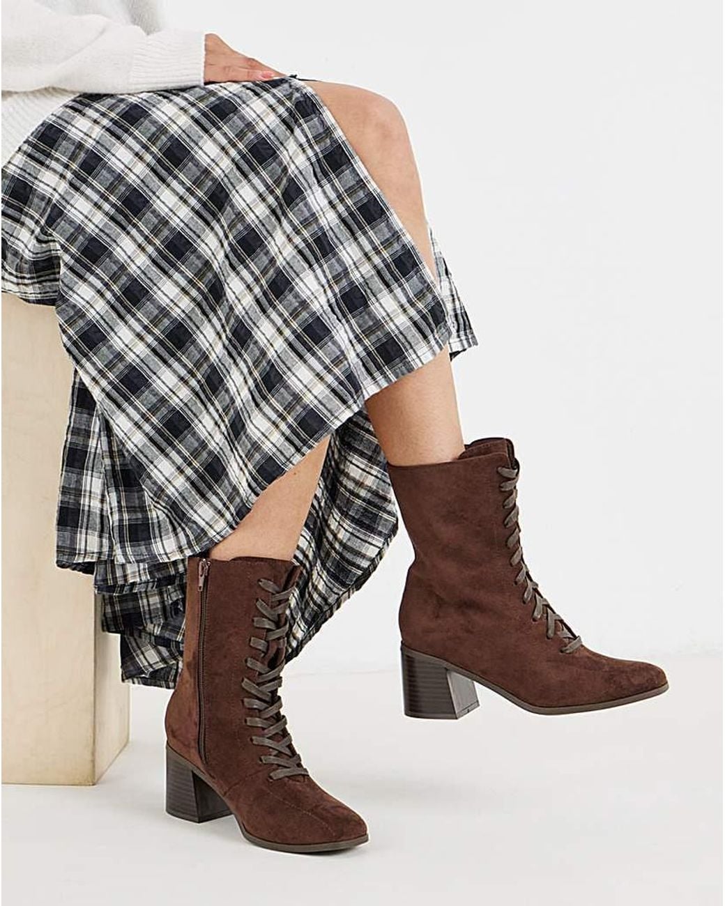 Simply Be Brown Lace Up Block Heel Boot Wide