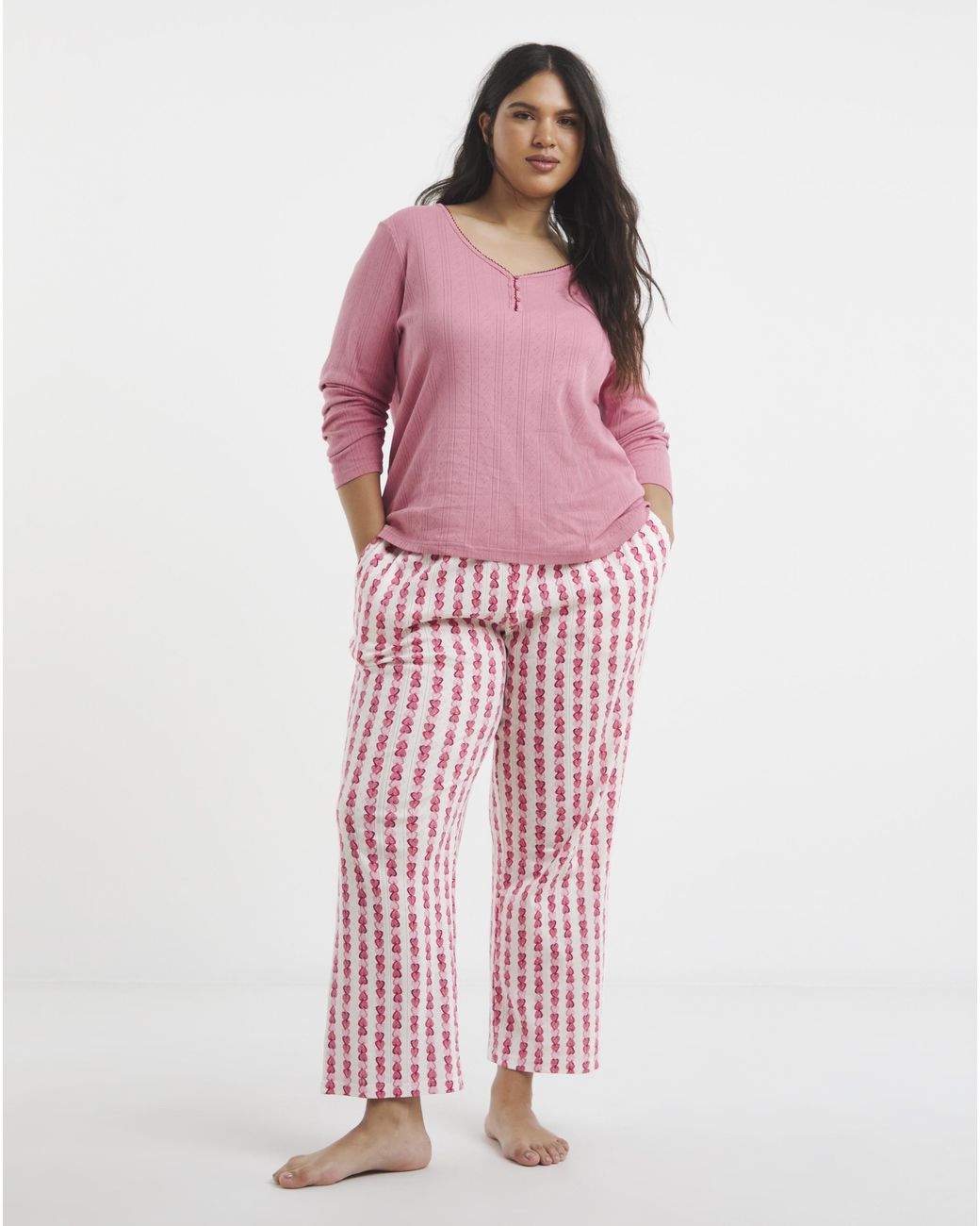 Pretty Secrets Pink Pointelle Henley Top Heart Pyjama Set