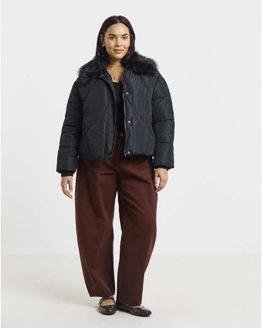Simply Be Black Faux Fur Collar Short Padded Coat