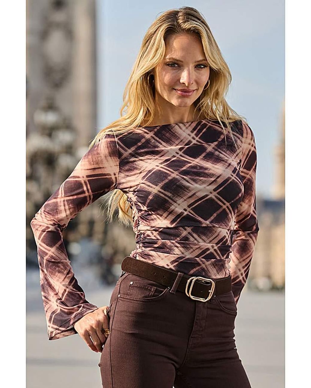 Sosandar Gray Slash Neck Fluted Sleeve Top