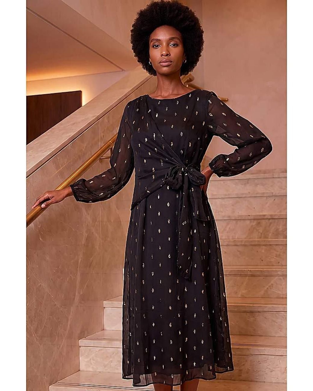 Roman Black Roman Dobby Spot Wrap Dress