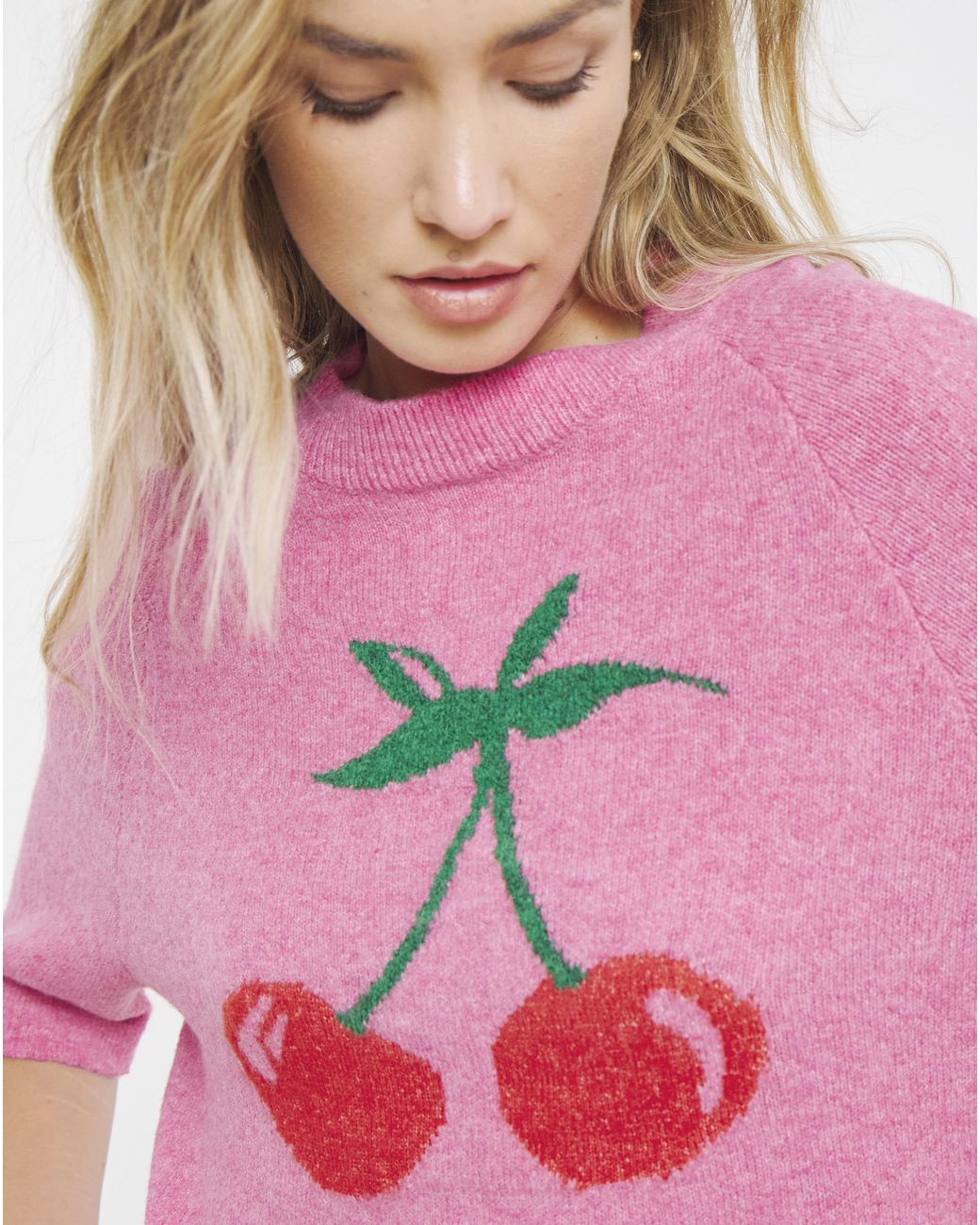Simply Be Pink Cherry Placement Print Knitted T-Shirt