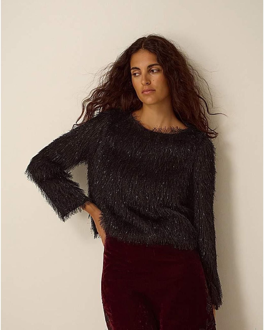 Monsoon Black Tessa Long Sleeve Fringe Top