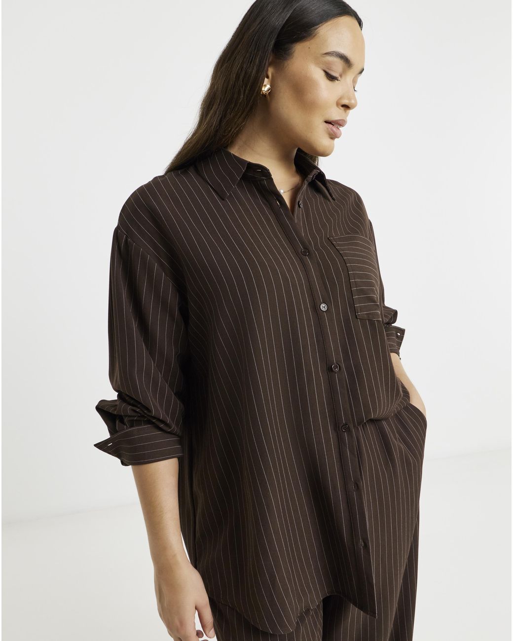Simply Be Brown Chocolate Oversized Pinstripe Shirt