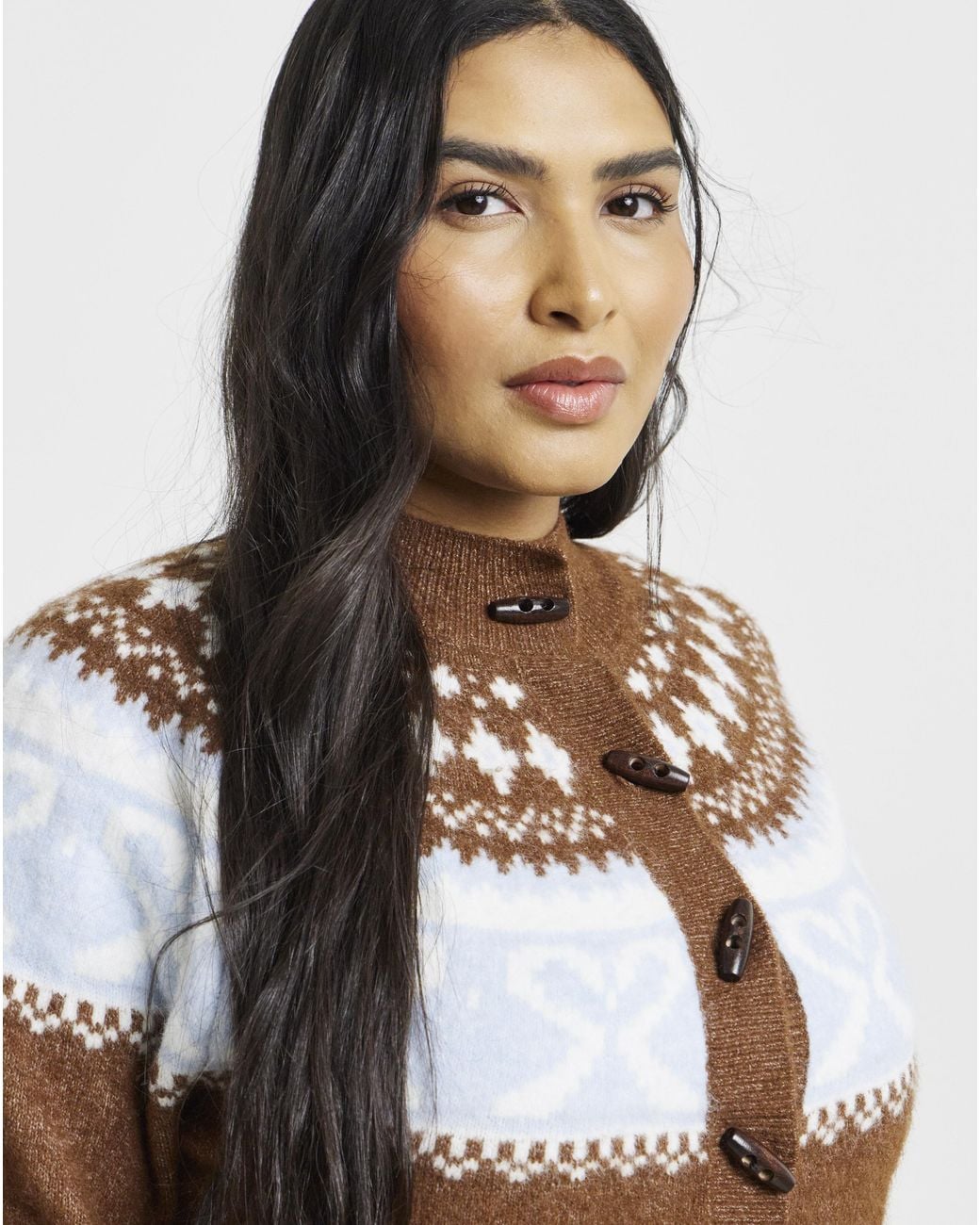 Simply Be Brown Fair Isle Crew Neck Cardigan