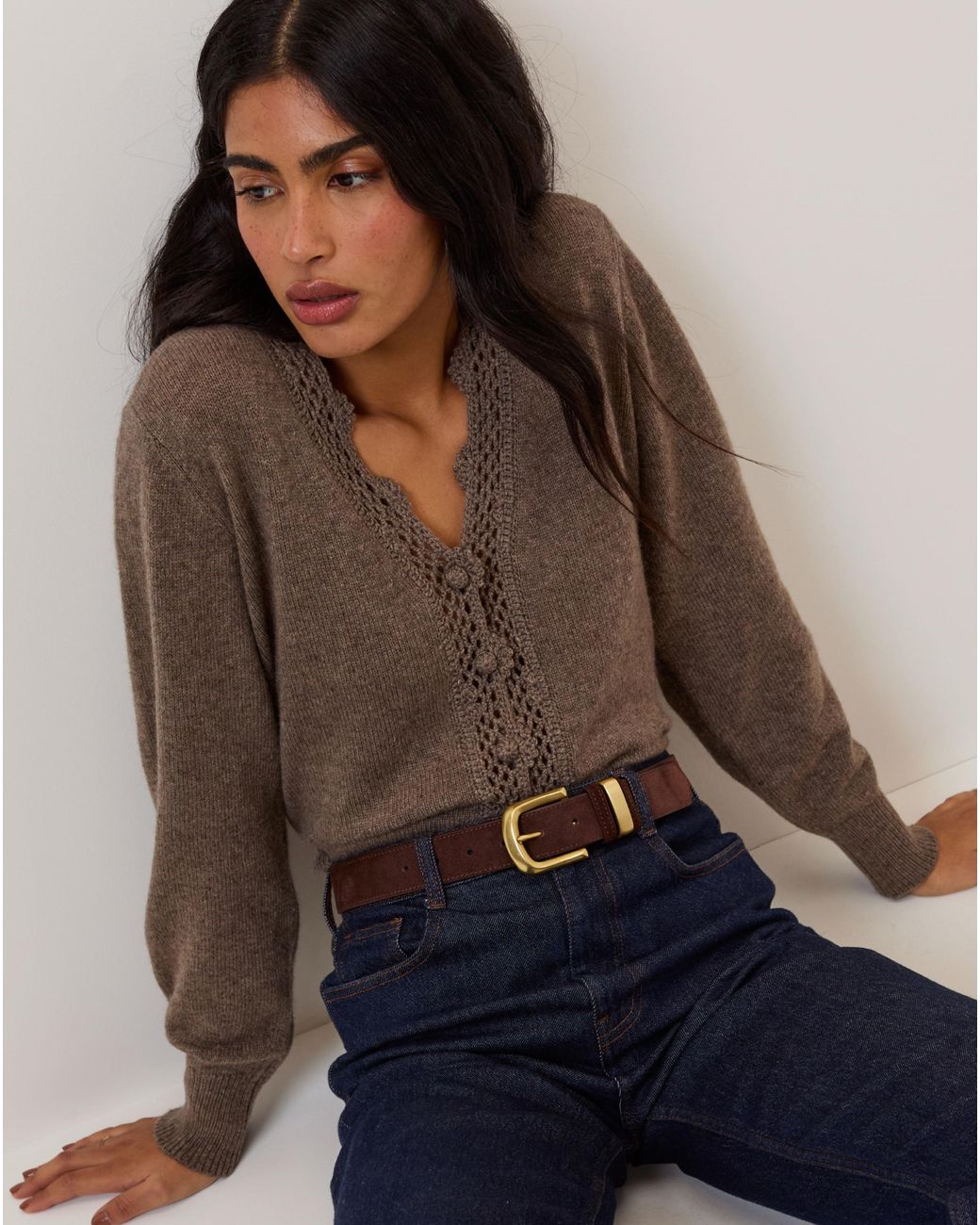 Nobody's Child Brown Crochet Trim Cardigan