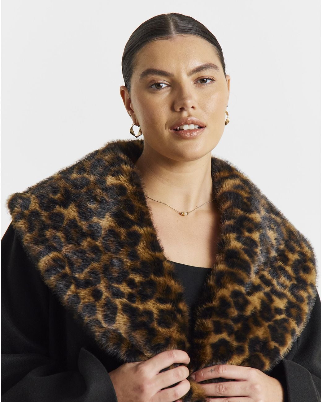 Simply Be Black Leopard Faux Fur Collar Coat