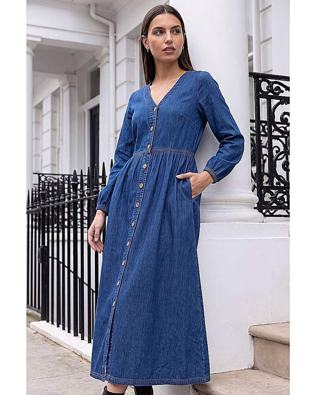 Roman Blue Roman Denim Button Down Midi Dress