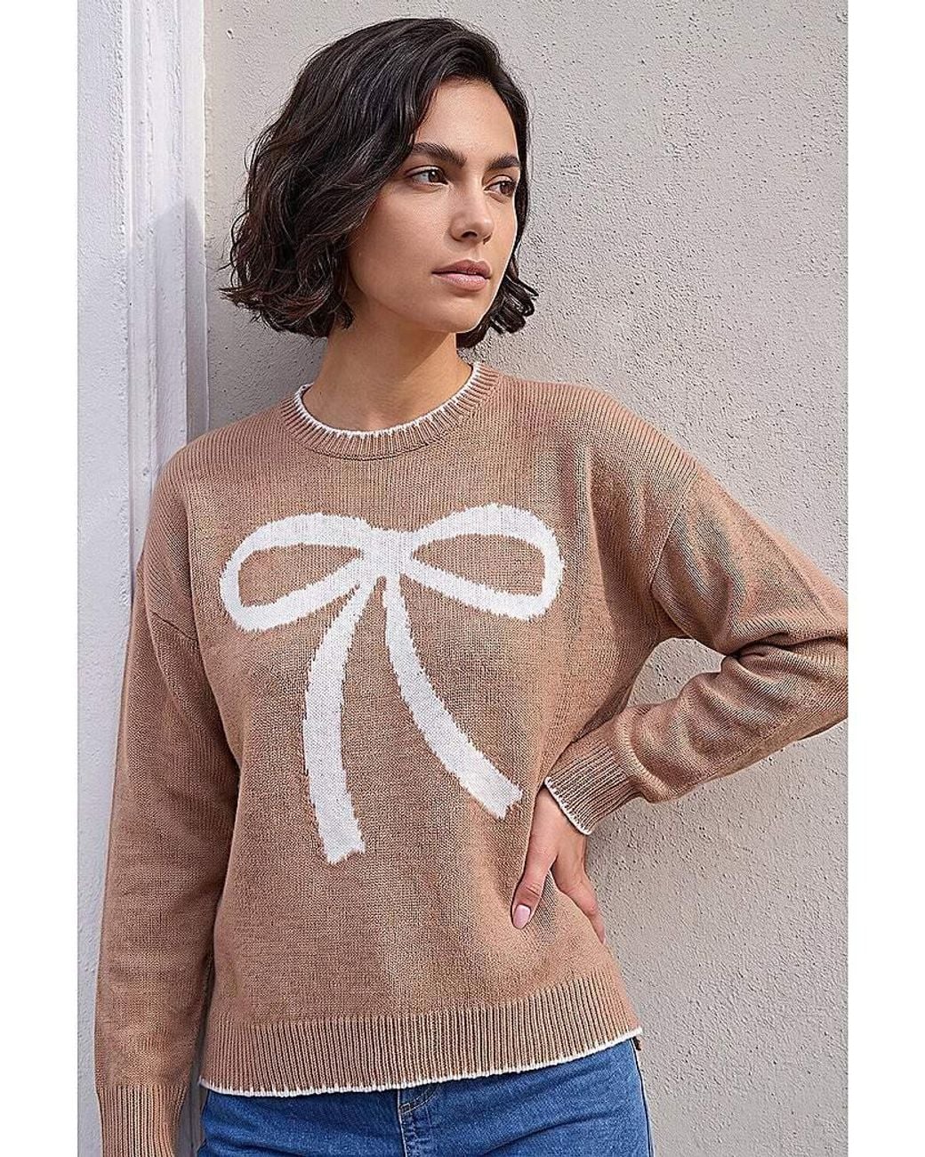 Roman Brown Roman Contrast Stitch Bow Knit Jumper