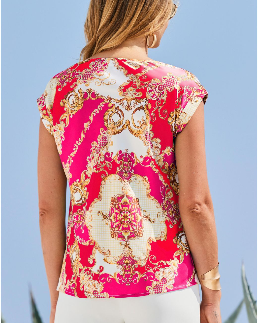 Sosandar Red Baroque Cowl Satin Top