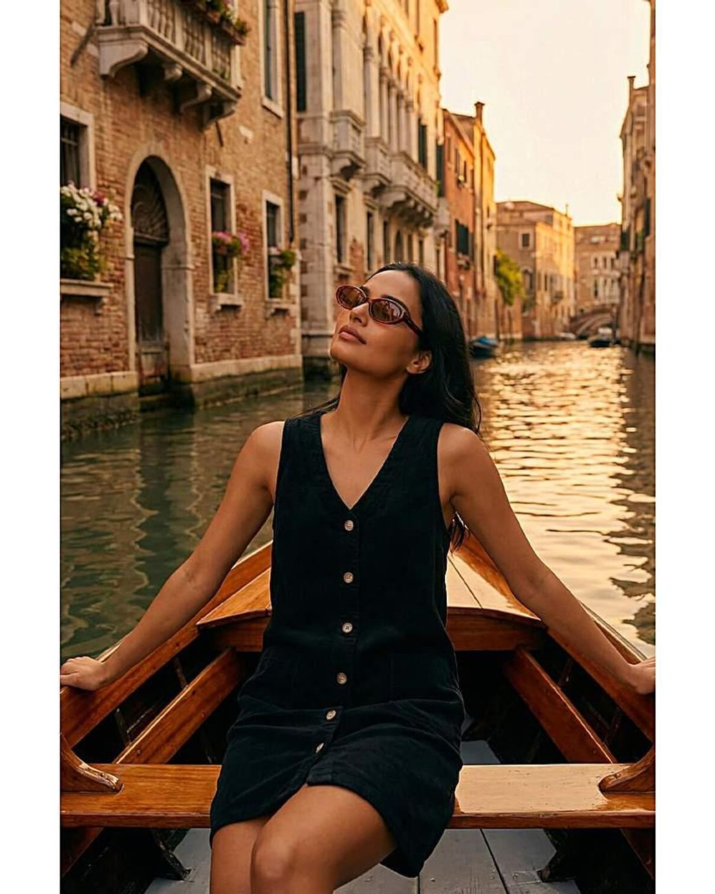 Roman Black Roman Cotton V-Neck Button Pocket Dress