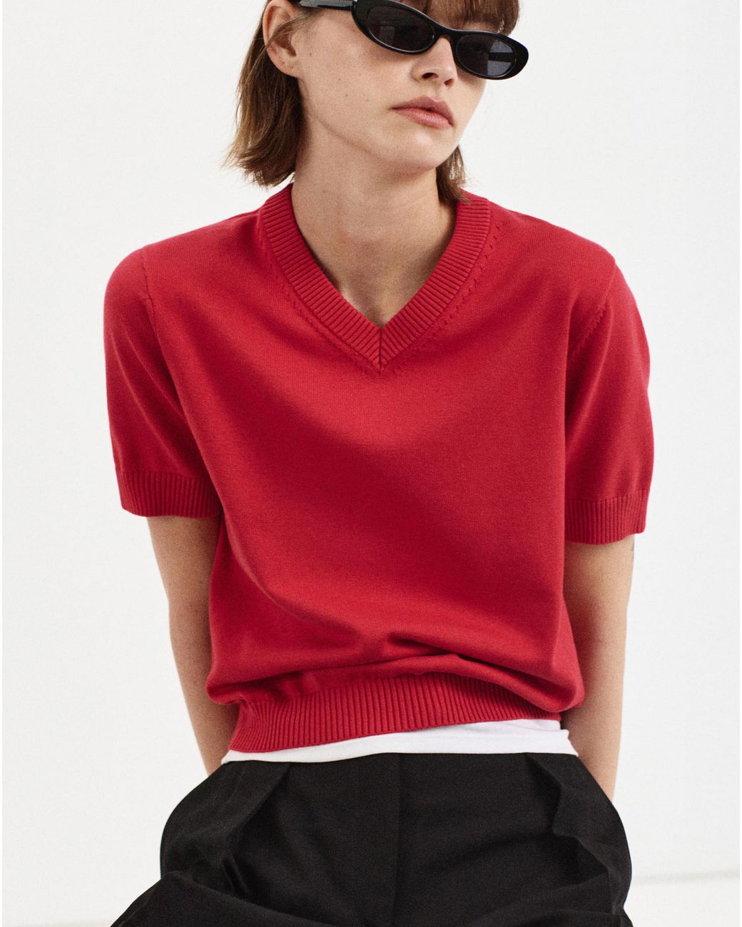 Mango Red V-Neck Knit Sweater