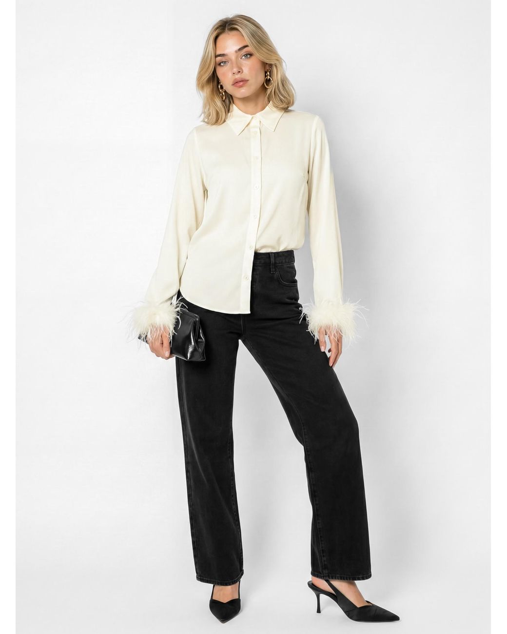 Lovedrobe White Feather Cuff Satin Shirt
